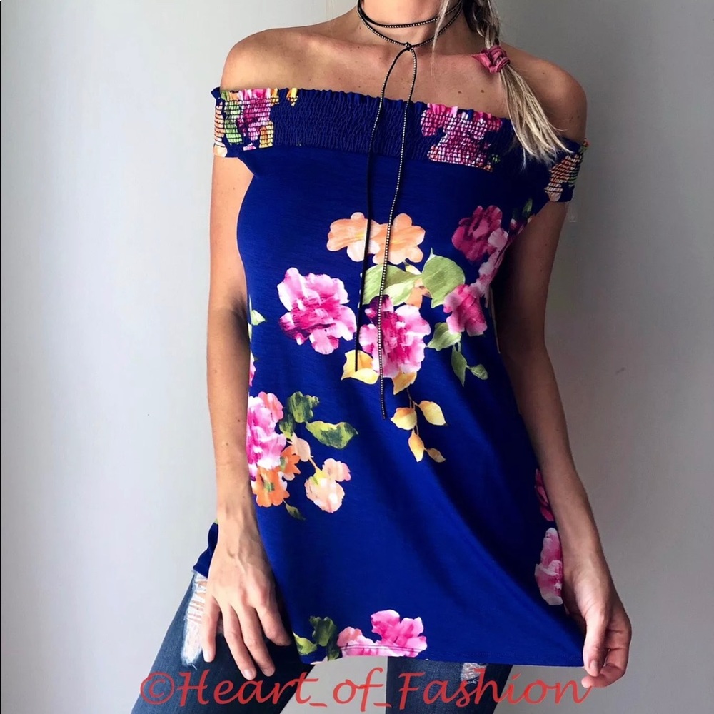 HPπ Floral Off Shoulder Smocked Relaxed Tunic Top